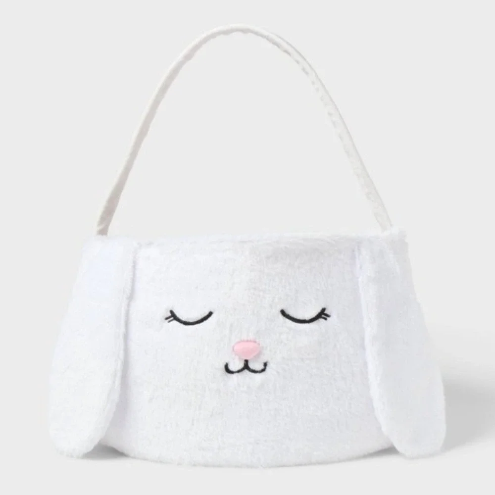 Spritz Jumbo‎ Plush Bunny Easter Basket White Faux Fur Pastel Checkered Lining